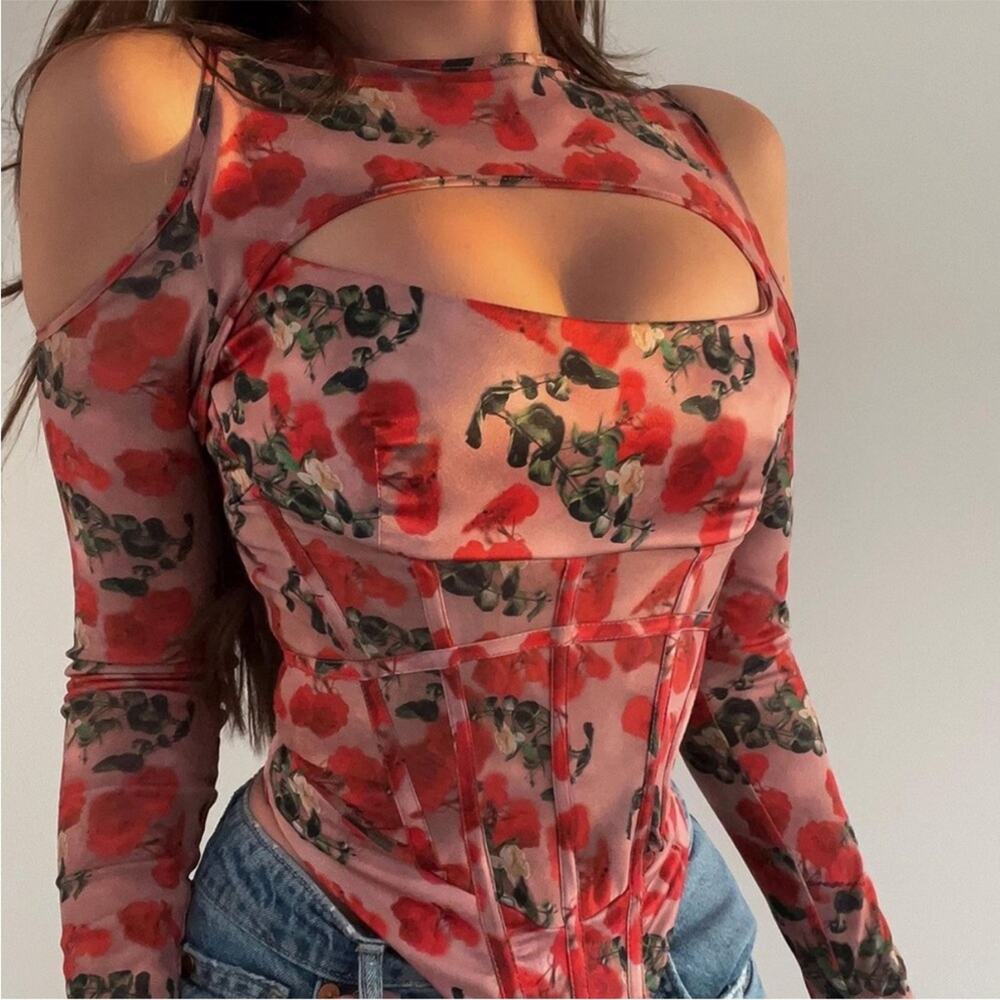 House of CB Malina Rose Print Cutout Corset Top XS